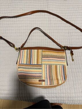 Fossil Multicolor Woven Crossbody with Brown Leather Trim